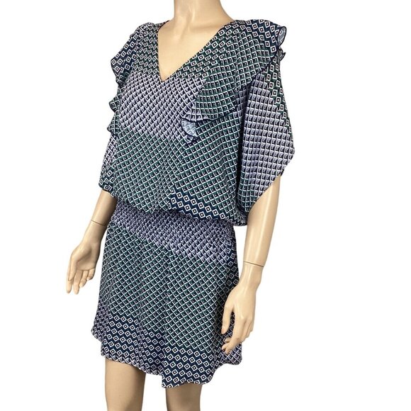 Parker Geometric Print VNeck Ruffle Sleeve Dress Medium Mini Dress Stretch Waist - Picture 4 of 9